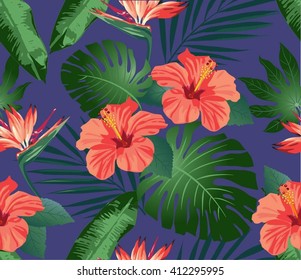 Tropical flowers and leaves on background. Seamless. Vector.