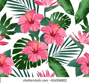 Tropical flowers and leaves on background. Seamless. Print Fashion.