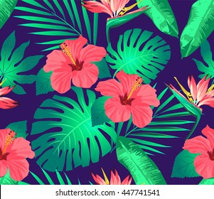 Tropical flowers and leaves on background. Seamless. Vector.