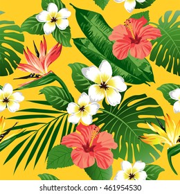 Tropical flowers and leaves on background. Seamless. Vector.