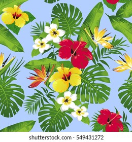 Tropical flowers and leaves on background. Seamless. Vector. 