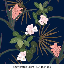 Tropical flowers and leaves on dark summer night seamless pattern,for fashion,fabric,textile,print or wallpaper