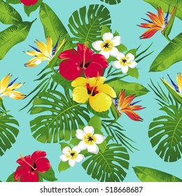 Tropical flowers and leaves on dark blue background. Seamless. Vector. 
