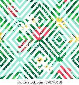 Tropical flowers and leaves on geometric background. Seamless. Vector.