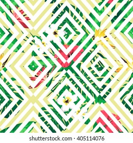 Tropical flowers and leaves on geometric background. Seamless. Vector.