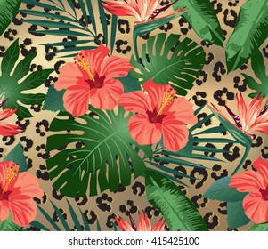 Tropical flowers and leaves on leopard background. Seamless. 