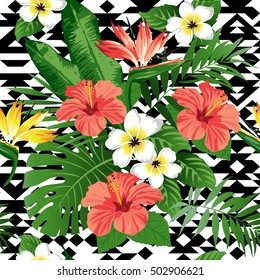 Tropical flowers and leaves on Mexican background. Seamless. Vector. 