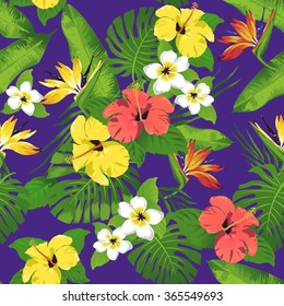 Tropical flowers and leaves on purple background. Seamless. Vector.