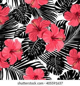 Tropical flowers and leaves on striped background. Vector.