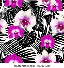 Tropical flowers and leaves on striped background. Seamless. Vector.