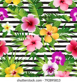 Tropical flowers and leaves on striped background. Seamless. Vector.