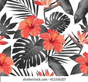 Tropical flowers and leaves on white background. Seamless. Vector.