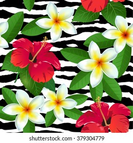 Tropical flowers and leaves on zebra background. Seamless. Animal Print Fashion.