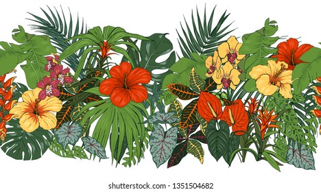 Tropical flowers and leaves, orchids, hibiscus, Heliconia and strelitzia, palm and monstera leaves, seamless pattern, vector illustration