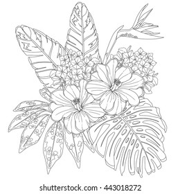 Tropical flowers and leaves. Page of coloring book for adults and children, art therapy. Outline drawing, doodles. Vector illustration.