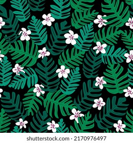 tropical flowers and leaves. Palm leaves seamless pattern. Tropical background.