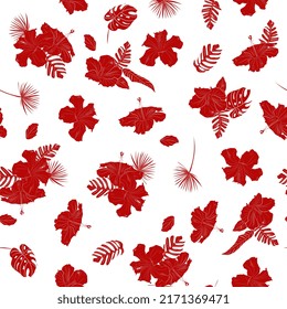 tropical flowers and leaves palm seamless pattern. Hibiscus, flower background