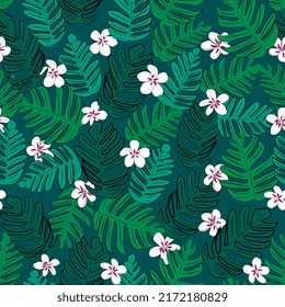 tropical flowers and leaves. Palm leaves seamless pattern. Tropical background.