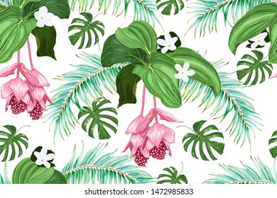 Tropical flowers and leaves. Palms, medinilla, tiara flower. Seamless vector pattern. 