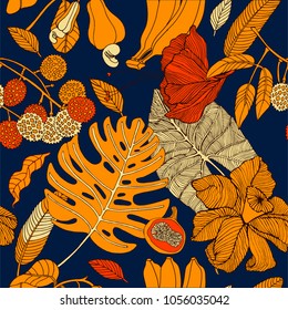 Tropical flowers and leaves, pattern design.
