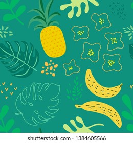 Tropical Flowers and Leaves Pattern, Exotic Summer Cover, Pineapples Seamless Retro Background in Vector