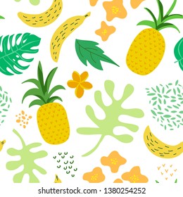 Tropical Flowers and Leaves Pattern. Pineapples Retro Seamless Trendy Background Memphis Style. Summer Jungle Nature Design. Vector illustration