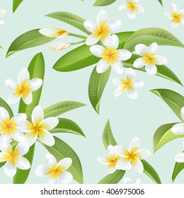 Tropical Flowers And Leaves Pattern. Seamless Background. Exotic Plumeria Flower. Vector