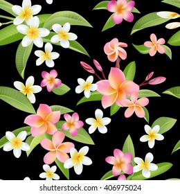 Tropical Flowers and Leaves Pattern. Seamless Background. Exotic Plumeria Flower. Vector
