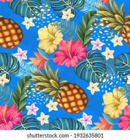 Tropical, flowers, leaves and pineapples. Vector seamless pattern with hibiscus, plumeria, palm tree leaves hand drawn illustrations