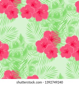 Tropical flowers and leaves of plants jungle vector seamless pattern. Exotic floral print for swimsuits, fabrics, wallpapers. Floral background with ethnic leaves and flowers.
