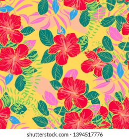 Tropical flowers and leaves of plants jungle vector seamless pattern. Exotic floral print for swimsuits, fabrics, wallpapers. Floral background with ethnic leaves and flowers.