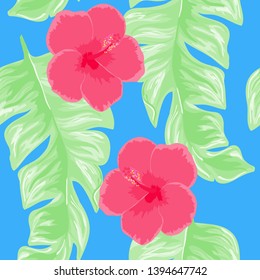 Tropical flowers and leaves of plants jungle vector seamless pattern. Exotic floral print for swimsuits, fabrics, wallpapers. Floral background with ethnic leaves and flowers.