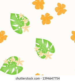 Tropical flowers and leaves of plants jungle vector seamless pattern. Exotic floral print for swimsuits, fabrics, wallpapers. Floral background with ethnic leaves and flowers.