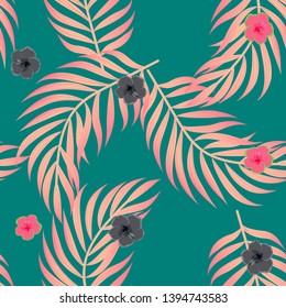 Tropical flowers and leaves of plants jungle vector seamless pattern. Exotic floral print for swimsuits, fabrics, wallpapers. Floral background with ethnic leaves and flowers.