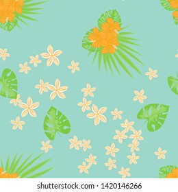 Tropical flowers and leaves of plants jungle vector seamless pattern. Exotic floral print for swimsuits, fabrics, wallpapers. Floral background with ethnic leaves and flowers.