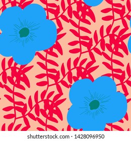 Tropical flowers and leaves of plants jungle vector seamless pattern. Exotic floral print for swimsuits, fabrics, wallpapers. Floral background with ethnic leaves and flowers.
