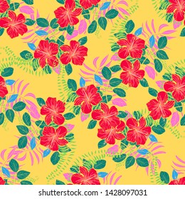 Tropical flowers and leaves of plants jungle vector seamless pattern. Exotic floral print for swimsuits, fabrics, wallpapers. Floral background with ethnic leaves and flowers.