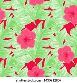 Tropical flowers and leaves of plants jungle vector seamless pattern. Exotic floral print for swimsuits, fabrics, wallpapers. Floral background with ethnic leaves and flowers.