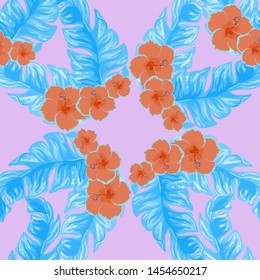 Tropical flowers and leaves of plants jungle vector seamless pattern. Exotic floral print for swimsuits, fabrics, wallpapers. Floral background with ethnic leaves and flowers.