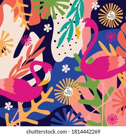 Tropical flowers and leaves poster background with flamingos. Colorful summer vector illustration design. Exotic tropical art print for travel and holiday, fabric and fashion