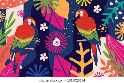 Tropical flowers and leaves poster background with parrots. Colorful summer vector illustration design. Exotic tropical art print for travel and holiday, fabric and fashion