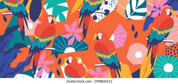 Tropical flowers and leaves poster background with parrots. Colorful summer vector illustration design. Exotic tropical art print for travel and holiday, fabric and fashion