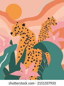 Tropical flowers and leaves poster background with leopards. Colorful summer vector illustration design. Exotic tropical art print for travel and holiday, fabric and fashion