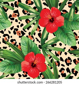 tropical flowers and leaves seamless background