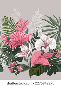 Tropical flowers and leaves. Seamless border. Exotic wildlife pattern for fabric, wallpaper and other surfaces. 