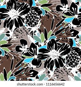 Tropical flowers, leaves seamless pattern. Floral background. Fabric design