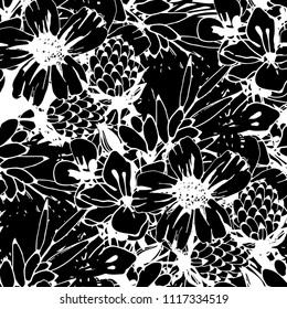 Tropical flowers, leaves seamless pattern. Floral background. Fabric design