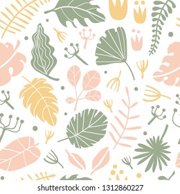 Tropical flowers and leaves seamless pattern. Vector illustration with hand drawn  flowers, palm leaves, jungle plants. Colorful exotic floral texture for textile, fabric, paper. 