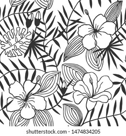 tropical flowers, leaves. seamless pattern. eps 10 vector illustration. hand drawing