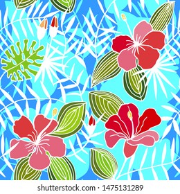 tropical flowers, leaves. seamless pattern. eps 10 vector illustration. hand drawing